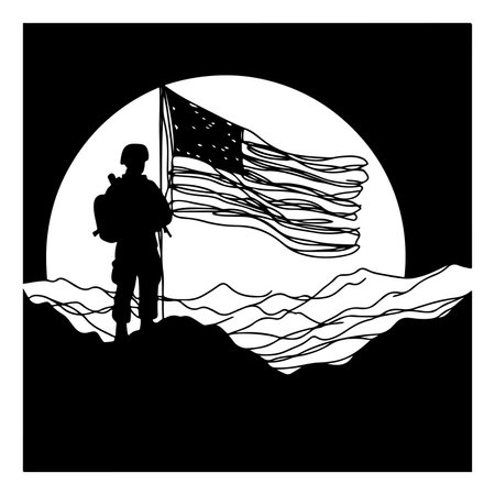 Continuously drawing one black line silhouette of soldier standing at mountain with American flag. Happy National Memorial Day and Veterans Day with copy space for text vector illustrationのイラスト素材