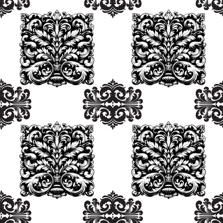 Damask Fabric textile seamless pattern Luxury decorative  Ornamental floral divider Black line vintage decoration element white Background. Curtain, carpet, wallpaper, clothing, wrapping, textile, upholstery, curtains, packaging, bedding, tileのイラスト素材