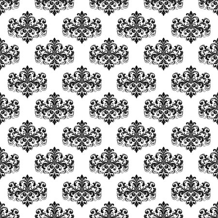Damask Fabric textile seamless pattern Luxury decorative  Ornamental floral divider Black line vintage decoration element white Background. Curtain, carpet, wallpaper, clothing, wrapping, textile, upholstery, curtains, packaging, bedding, tileのイラスト素材