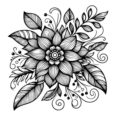 hand draw of beautiful floral ornament with leaves and abstract black lines monochrome Contour Flower, Floral Design Element vectorのイラスト素材