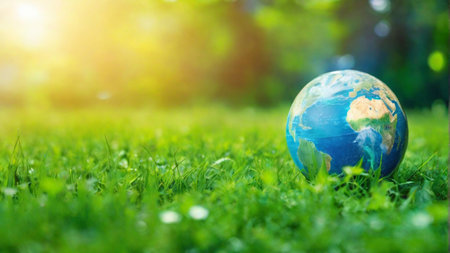 closeup a green sprout grows on planet Earth, Concept ecology nature of earth protection dayの素材