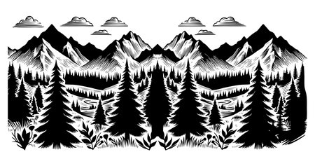 Panorama silhouette mountain with forest pine trees landscape black line Sketch art Hand drawn style vector illustrationのイラスト素材