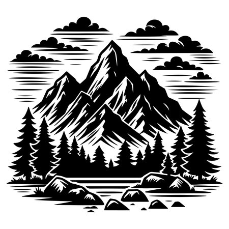 Panorama silhouette mountain with forest pine trees landscape black line Sketch art Hand drawn style vector illustrationのイラスト素材