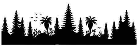 Panorama silhouette mountain with forest pine trees landscape black line Sketch art Hand drawn style vector illustrationのイラスト素材