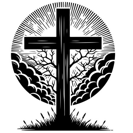Religion Christian cross icon symbol flat style. Hand drawn black line sketch grunge cross Vector illustrationのイラスト素材