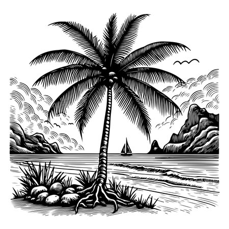 Palm or coconut Tropical tree silhouette, hand drawing black line doodle sketch style vector illustrationのイラスト素材