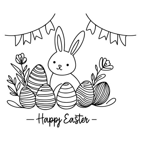 Hand drawn black line art rabbit easter egg doodle linear style vector illustration elements . one continuous line drawing bunny with eggs Editable stroke outlineのイラスト素材