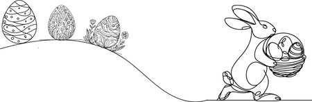 Hand drawn black line art rabbit easter egg doodle coloring linear style vector illustration elements. one continuous line drawing bunny with eggs Editable stroke outlineのイラスト素材