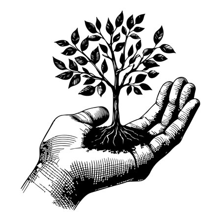 closeup hands holding black line tree sprout growing from soil on hands. Earth planet protection concept dayのイラスト素材