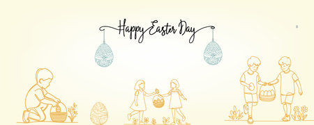 Happy easter day hand written calligraphy text font. Bunny Easter egg, basket, kids for Poster, banner, greeting cardのイラスト素材