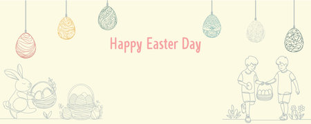 Happy easter day hand written calligraphy text font. Bunny Easter egg, basket, kids for Poster, banner, greeting cardのイラスト素材