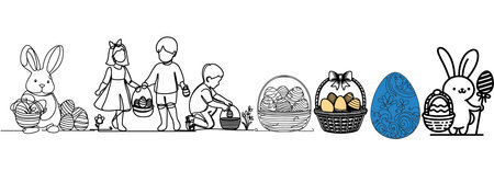 One continuous hand drawing black line art basket, easter egg, bunny, kids, doodle decorated. design for rabbit easter egg outline style vectorのイラスト素材