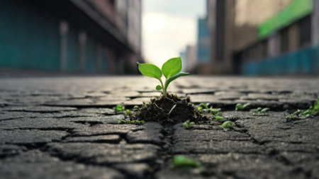 Green sprout growing from crack in the ground with city background.の素材