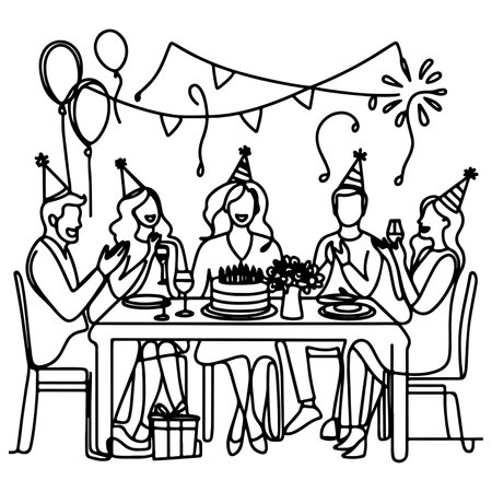 single continuous drawing black line family dinner sitting at table to celebration anniversary happy birthday party doodles vectorのイラスト素材