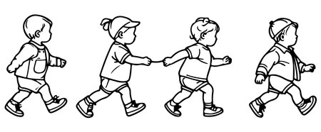 Continuous one black line art hand drawing child walking doodles outline cartoon characters set style coloring page vector illustration  on white backgroundのイラスト素材