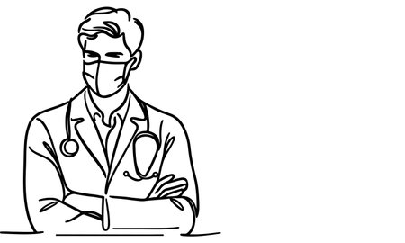 Continuous one black line art hand drawing doctors. National doctor day concept vector illustration on white background with copy spaceのイラスト素材