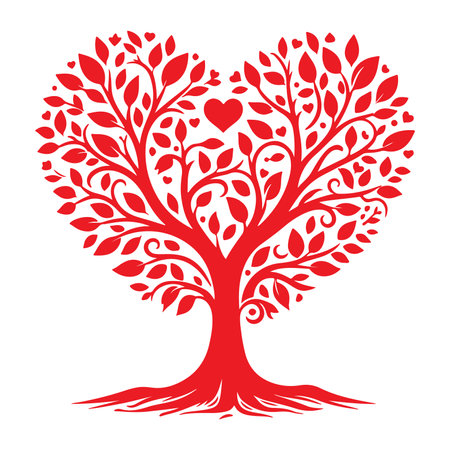 red love tree with heart leaves. hand draw Valentine day tree silhouette clip art isolated on white background, vector illustrationのイラスト素材
