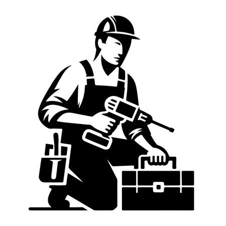 Simple worker man cartoon with tool, builder Construction Logo Monochrome icon black silhouette design Style Vector illustration International Labor Day conceptのイラスト素材