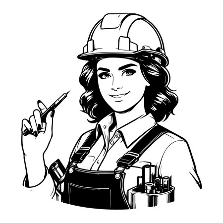 Simple worker woman cartoon with tool, builder Construction Logo Monochrome icon black silhouette design Style Vector illustration International Labor Day conceptのイラスト素材