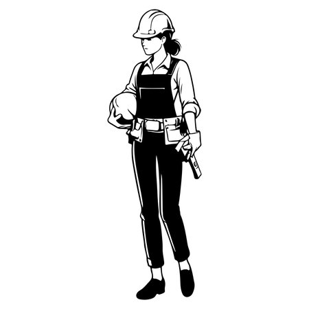 Simple worker woman cartoon with tool, builder Construction Logo Monochrome icon black silhouette design Style Vector illustration International Labor Day conceptのイラスト素材