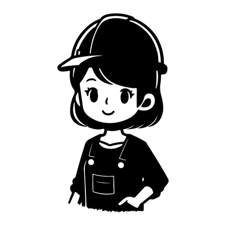 Simple worker woman cartoon with tool, builder Construction Logo Monochrome icon black silhouette design Style Vector illustration International Labor Day conceptのイラスト素材