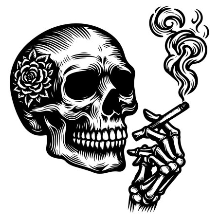 hand draw sketch black line art skull crossbones with cigarette or smoking vector illustration on isolated in white backgroundのイラスト素材