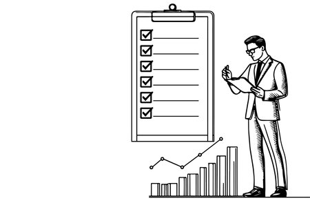 one continuous line hand drawing businessman performance checklist with review checking mark on check box to approved documents vector illustrationのイラスト素材