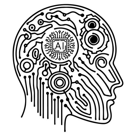 AI processor chip black line icon technology and artificial intelligence outline concept vector illustration on white backgroundのイラスト素材