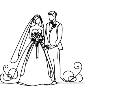 One continuous single drawing black line art doodle wedding couple bride and groom outlne vector illustration on white backgroundのイラスト素材