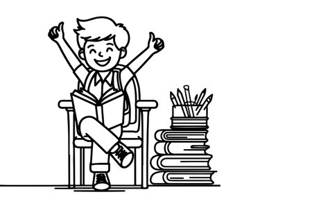 one continuous black line drawing young school boy back to school concept outline doodle vector illustration on white backgroundのイラスト素材