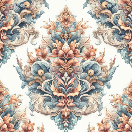Beautiful floral damask fabric seamless pattern of hand drawn flowers with decorative dark vintage with colorful wallpaper backgroundの素材