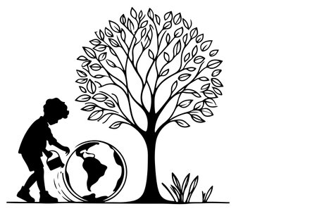 Continuous one black line art drawing children watering a tree. planting tree to save the world and earth day reduce global warming growth concept vector illustration on white backgroundのイラスト素材