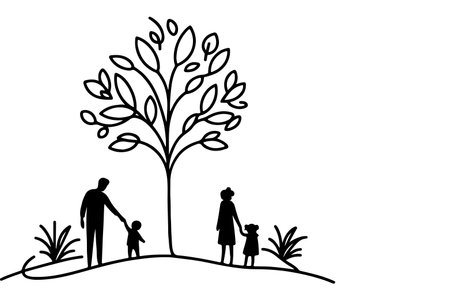 Continuous one black line art drawing Silhouettes of happy family holding the hands with tree vector illustration on white backgroundのイラスト素材