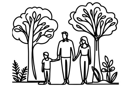 Continuous one black line art drawing Silhouettes of happy family holding the hands with tree vector illustration on white backgroundのイラスト素材