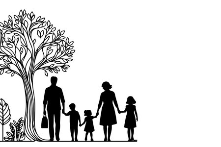 Continuous one black line art drawing Silhouettes of happy family holding the hands with tree vector illustration on white backgroundのイラスト素材