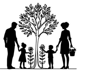 Continuous one black line art drawing Silhouettes of happy family holding the hands with tree vector illustration on white backgroundのイラスト素材