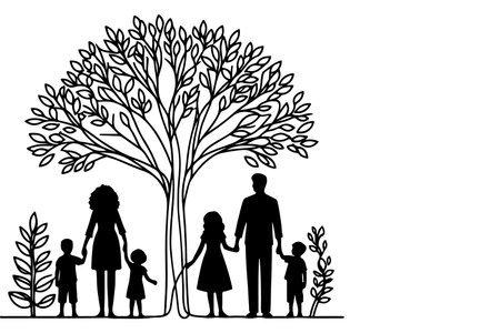 Continuous one black line art drawing Silhouettes of happy family holding the hands with tree vector illustration on white backgroundのイラスト素材