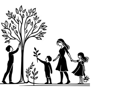 Continuous one black line art drawing Silhouettes of happy family holding the hands with tree vector illustration on white backgroundのイラスト素材