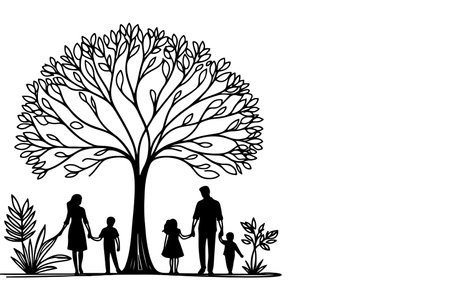 Continuous one black line art drawing Silhouettes of happy family holding the hands with tree vector illustration on white backgroundのイラスト素材