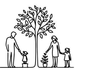 Continuous one black line art drawing Silhouettes of happy family holding the hands with tree vector illustration on white backgroundのイラスト素材