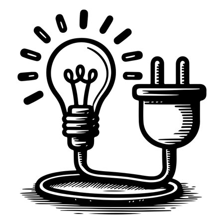 Continuous one line drawing Electric plug and Electricity light sign icon outline doodle vector illustration on white backgroundのイラスト素材