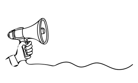 One continuous line drawing of hand holding a megaphone outline doodle vector illustration on white backgroundのイラスト素材