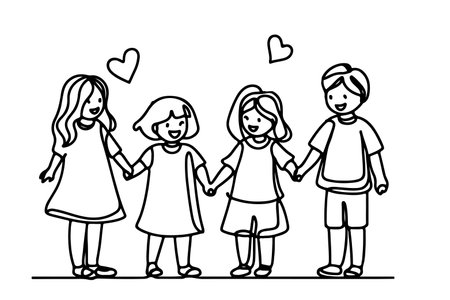 One continuous line drawing of a group of children holding each other's hands. Doodle linear drawing. Happy children's day concept on white. vectorのイラスト素材