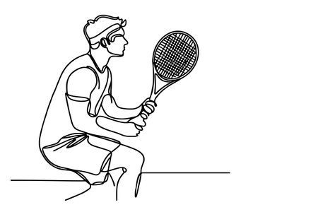 One continuous black line hand drawing of man playing tennis Doodle linear drawing man cartoon palyer on white. vectorのイラスト素材
