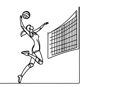 One continuous black line drawing of volleyball woman jump and kick ball with volleyball net Doodle linear drawing cartoon on white background. vectorのイラスト素材
