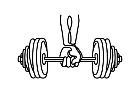 One continuous black line drawing of man lifting barbel with a heavy weight bar weightlifting at gym doodle linear drawing cartoon on white background vectorのイラスト素材