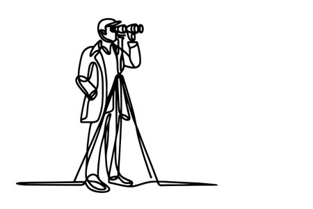 One continuous black line hand drawing of traveler man standing, holding binocular and looking into distance with binoculars linear sketch doodle on white background vectorのイラスト素材