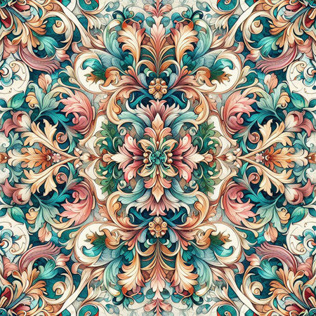 Beautiful floral elegant swirls damask fabric seamless pattern of hand drawn flowers with decorative dark vintage with colorful wallpaper backgroundの素材