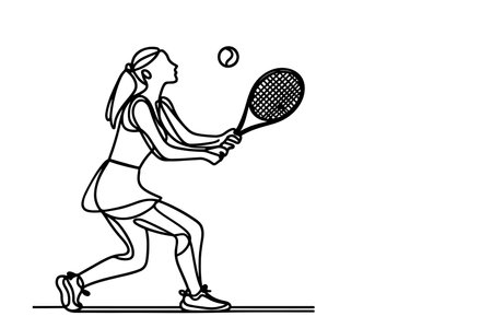One continuous black line hand drawing of woman playing tennis Doodle linear drawing girl cartoon player on white. vectorのイラスト素材