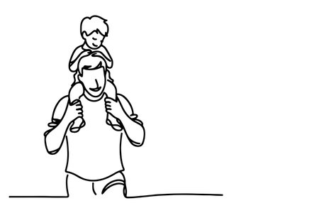 continuous one black line drawing father and son playing together and holding heart shape doodle father day concept vector on white backgroundのイラスト素材